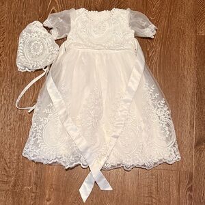Elegant White Lace Baby Dress with Bonnet